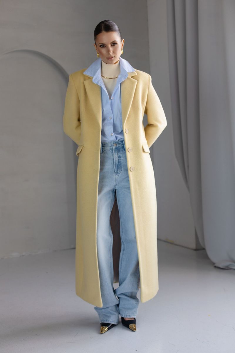 Пальто из смесовой шерсти приталенное макси лимонное