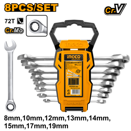Набор комбинированных гаечных ключей с трещоткой INGCO HKSPAR1082 INDUSTRIAL 8-19 мм 8 шт.