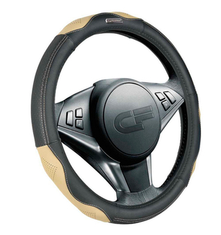 Оплетка на руль круглая CarFashion -М- «STORM» 31347 - Экокожа - черный/бежевый/бежевый