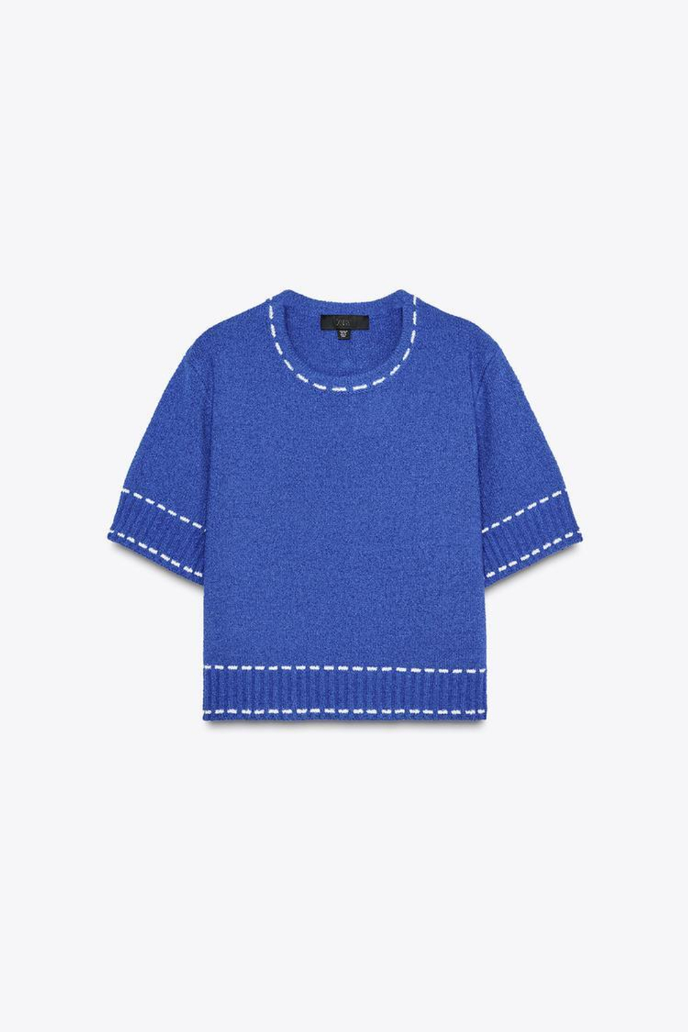 ZARA ТРИКОТАЖНЫЙ ТОП С ДЕКОРАТИВНОЙ СТРОЧКОЙ, ЯРКО-СИНИЙ