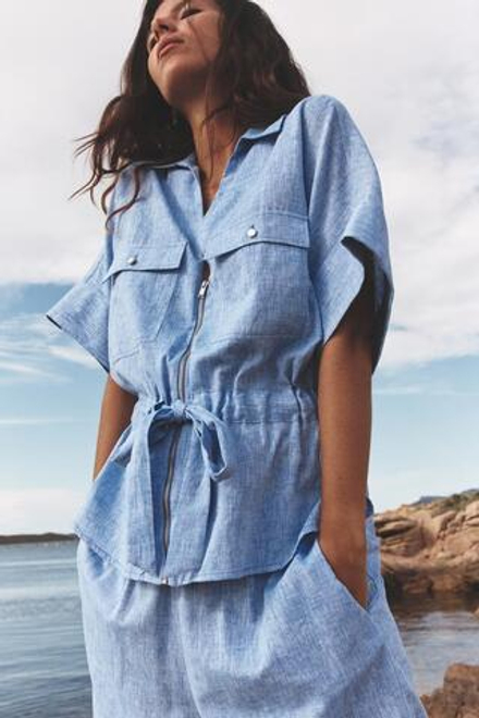 ZARA РУБАШКА В СТИЛЕ САФАРИ ИЗ СМЕСОВОГО ЛЬНА, СИНИЙ