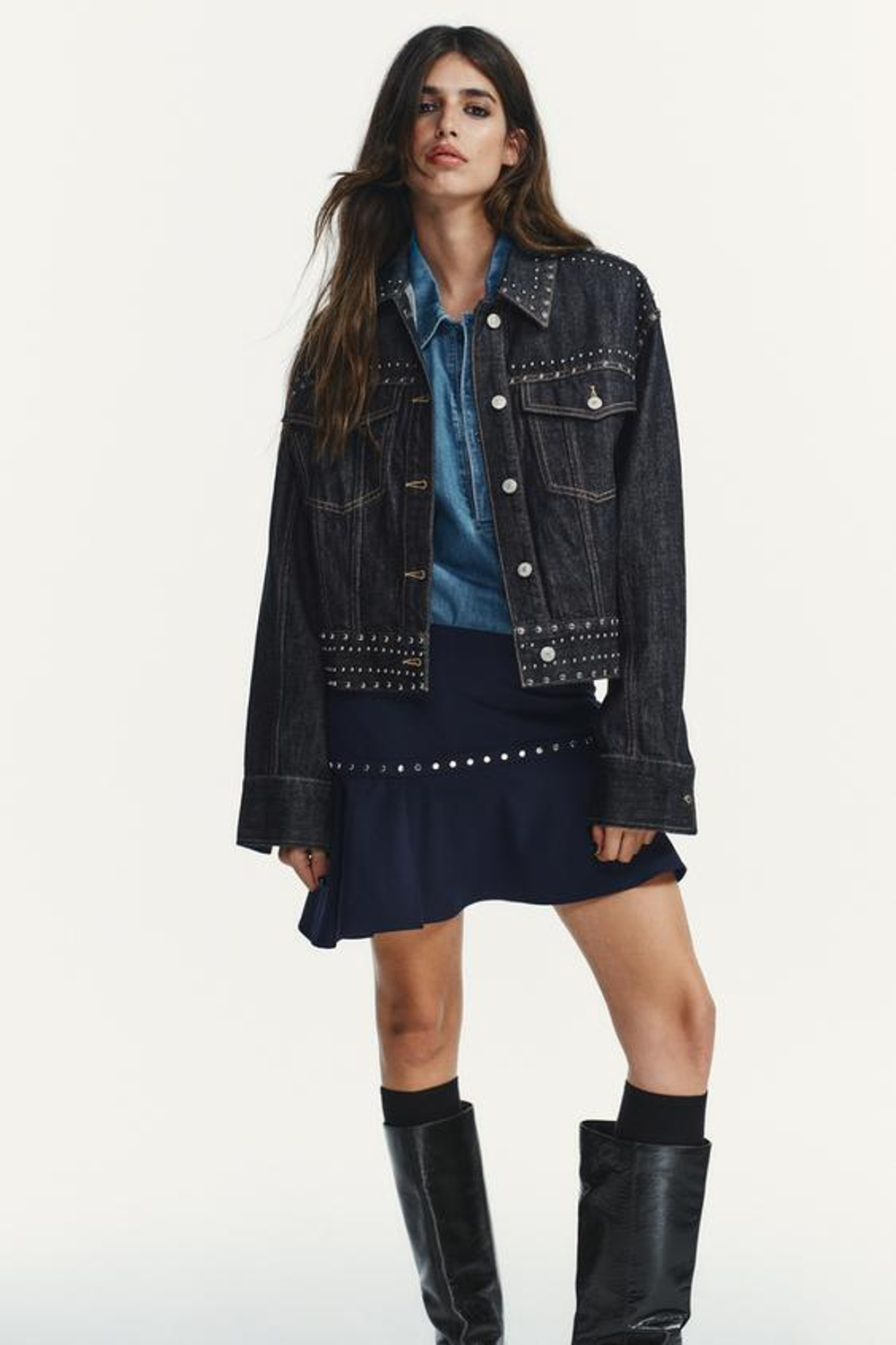 ZARA ЮБКА АСИММЕТРИЧНОГО КРОЯ С ВОЛАНАМИ И ЗАКЛЕПКАМИ, МОРСКОЙ СИНИЙ