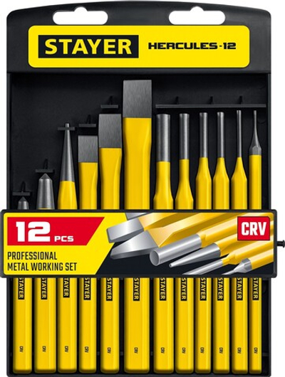 STAYER Hercules, 12 предметов, набор зубил и кернеров в пластиковом держателе, Professional (21077-H12)