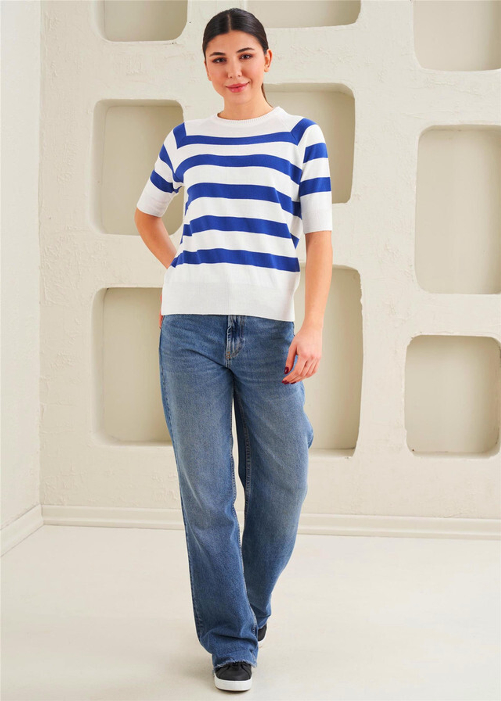 Женская футболка - Базовая, короткий рукав - 50% хлопок, 50% полиамид, Трикотаж - Голубая полоса - 41518