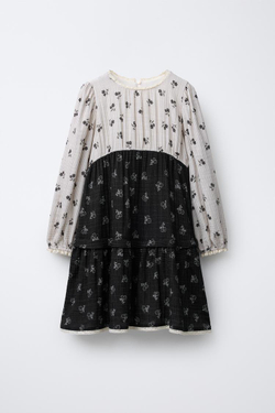 ZARA ПЛАТЬЕ В КЛЕТКУ С ЦВЕТОЧНЫМ ПРИНТОМ, ЧЕРНЫЙ/ЭКРЮ