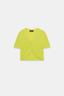 ZARA КОРОТКИЙ КАРДИГАН С V-ОБРАЗНЫМ ВЫРЕЗОМ, СВЕТЛО-ЛАЙМОВЫЙ