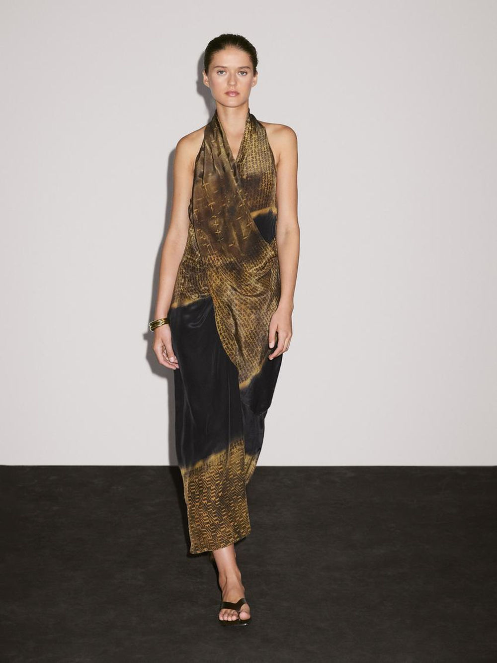 Massimo Dutti Платье миди с принтом и горловиной халтер, серый