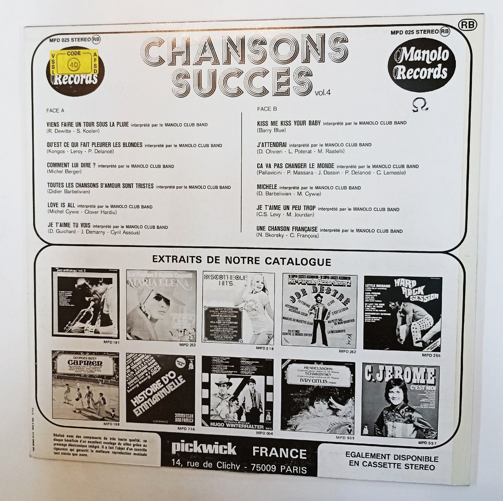 Винтажная виниловая пластинка LP Manolo Club Band Chansons Succes Vol. 4 (France 1975)