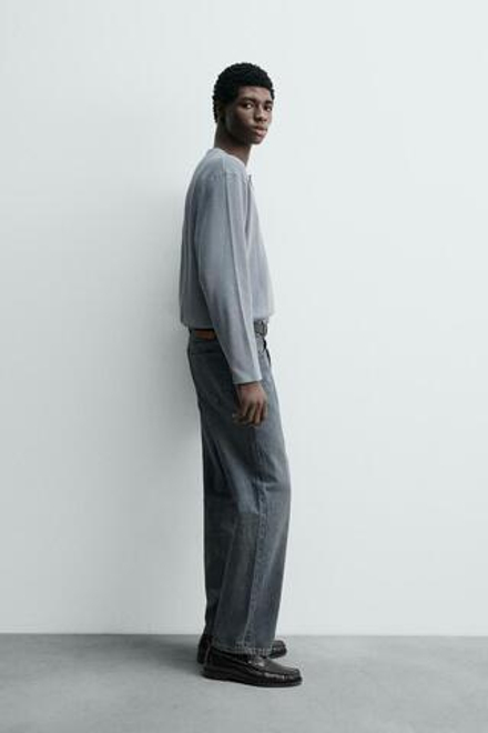 ZARA ФУТБОЛКА ВАФЕЛЬНОГО ПЕРЕПЛЕТЕНИЯ С ВОРОТНИКОМ НА ПУГОВИЦАХ, НЕБЕСНО-ГОЛУБОЙ