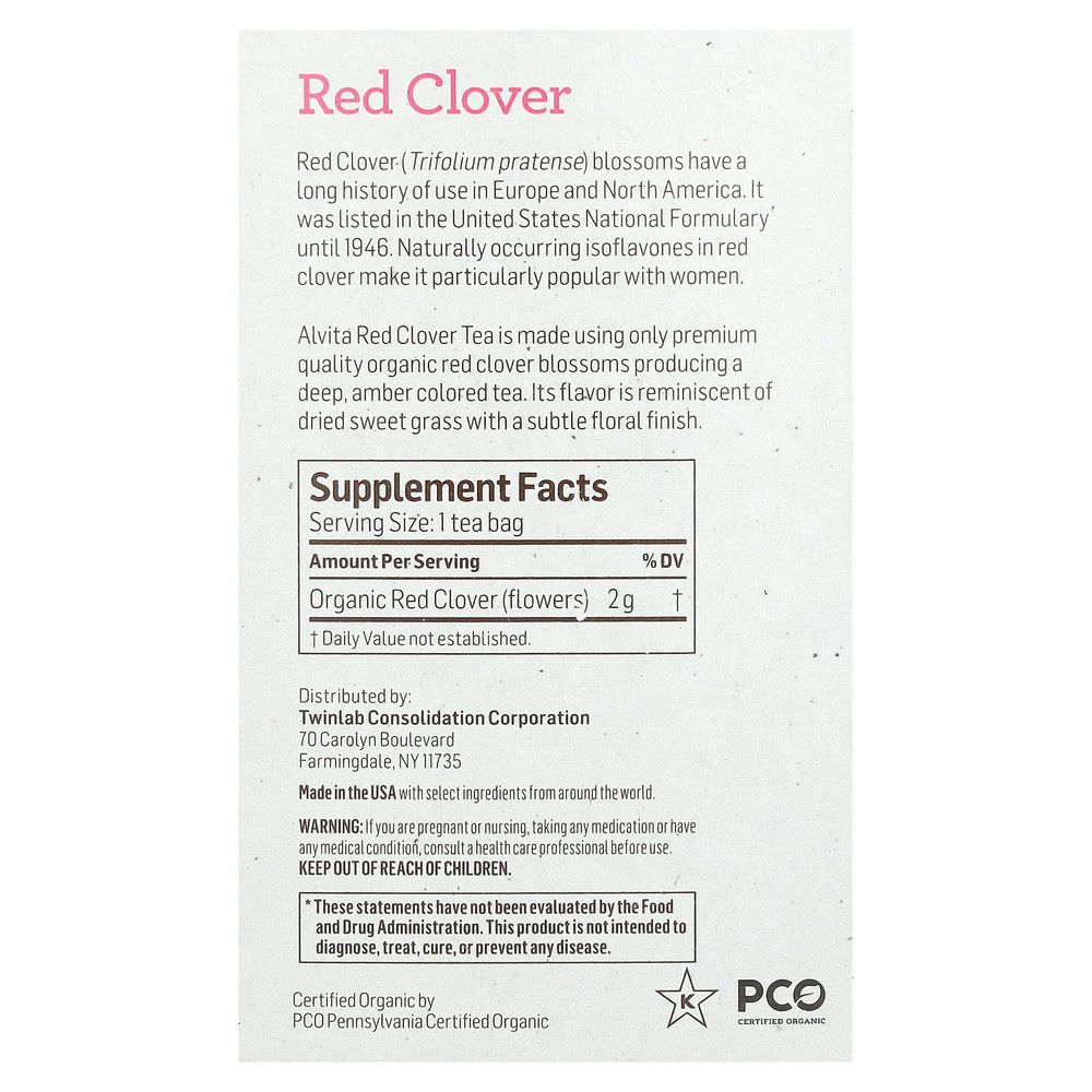 Alvita Teas, органический растительный чай, красный клевер, без кофеина, 16 индивидуально упакованных чайных пакетиков, 32 г (1,13 унции)