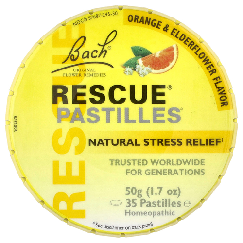 Bach, Rescue®, пастилки для снятия стресса природным способом, со вкусом апельсина и бузины, 35 пастилок