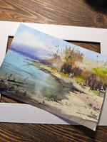 Картина авторская акварельная в паспарту 21х30 см на стену для интерьера "Весенний берег"