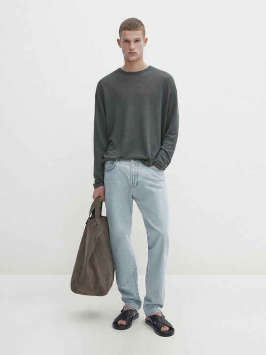 Massimo Dutti Льняной свитер с круглым вырезом, свинцовый