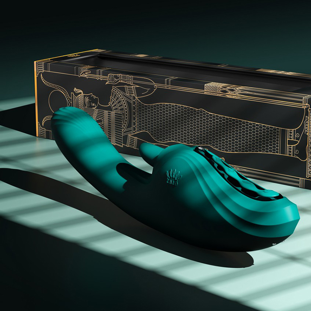 Зеленый вибратор-кролик 24,6см с функцией вылизывания и нагревом Zalo Ares G-Spot Rabbit Vibrator Turquoise Green