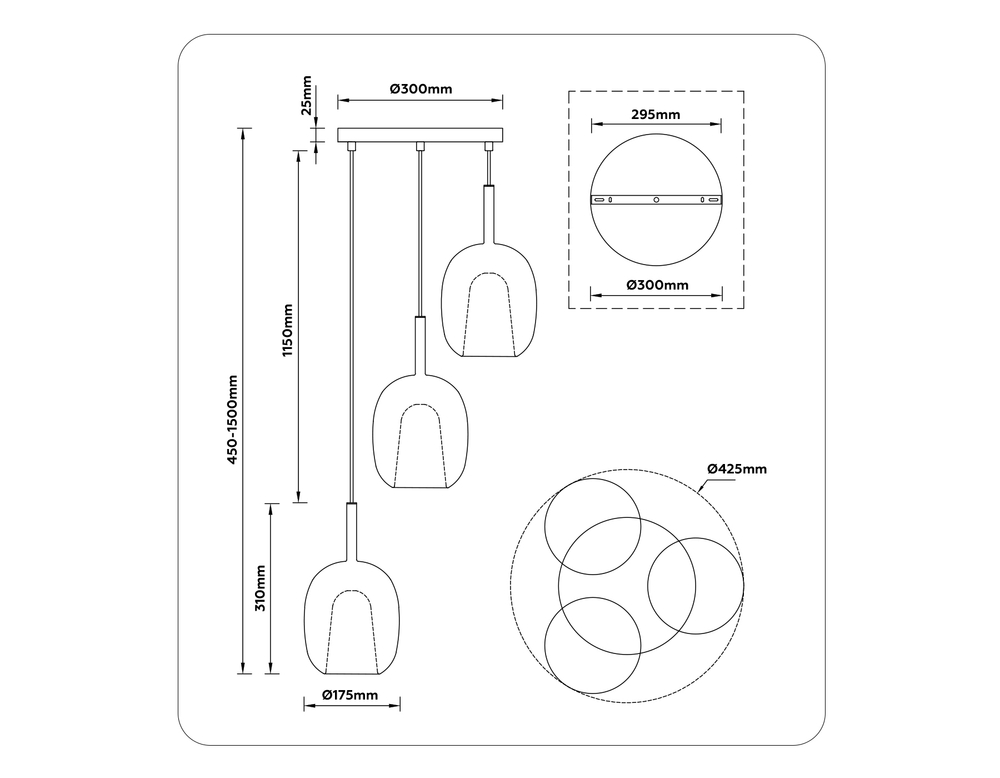 Светильник подвесной LH11153/3 BK/WH/SM черный/белый/дымчатый E27*3 max 60W D425*1500