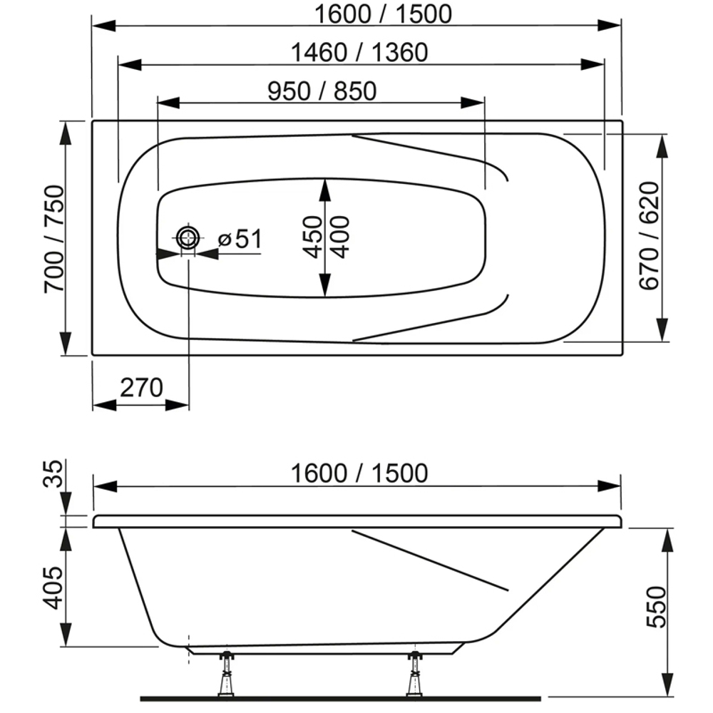 Ванна акриловая VAGNERPLAST ARONIA 150х70 пристенная (VPBA157ARN2X-04)