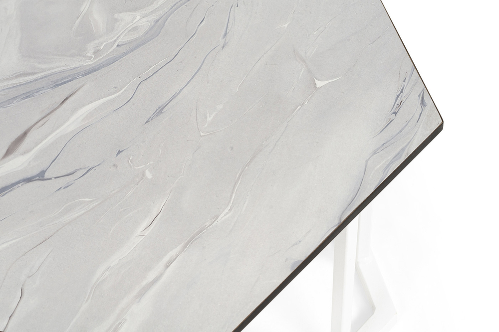 "Женева" интерьерный стол из HPL шестиугольный, D50, H35, цвет "мрамор пепел", каркас из стали белый муар