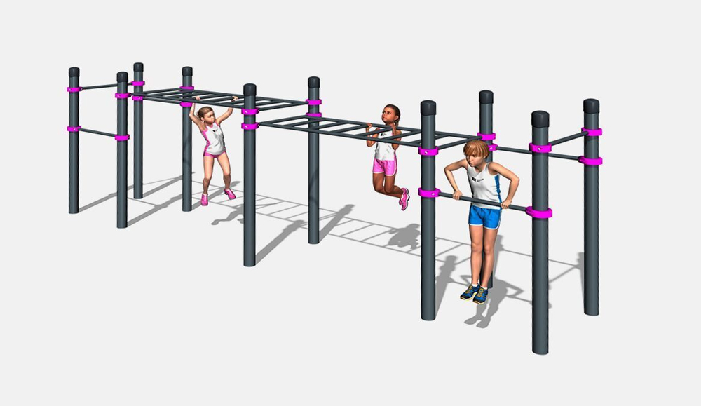 Детский спортивный комплекс с двухуровневым рукоходом и шестью турниками Диксон