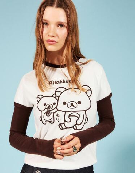 BERSHKA Футболка с короткими рукавами и принтом Rilakkuma, белый