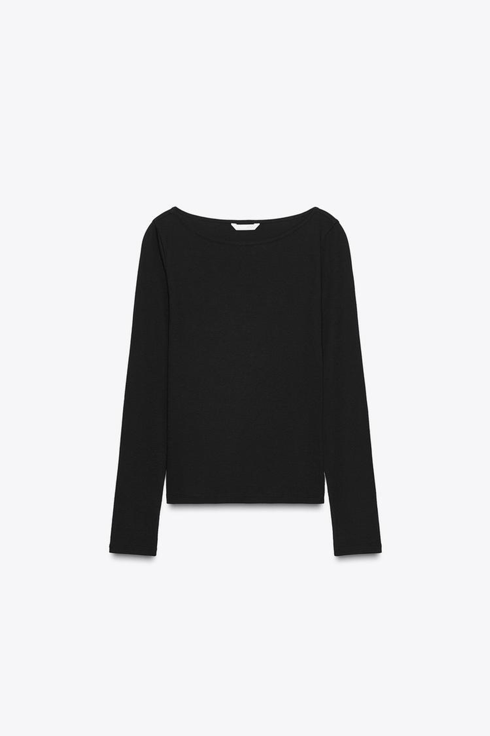 ZARA ХЛОПКОВАЯ ФУТБОЛКА С ВЫРЕЗОМ ЛОДОЧКОЙ, ЧЕРНЫЙ