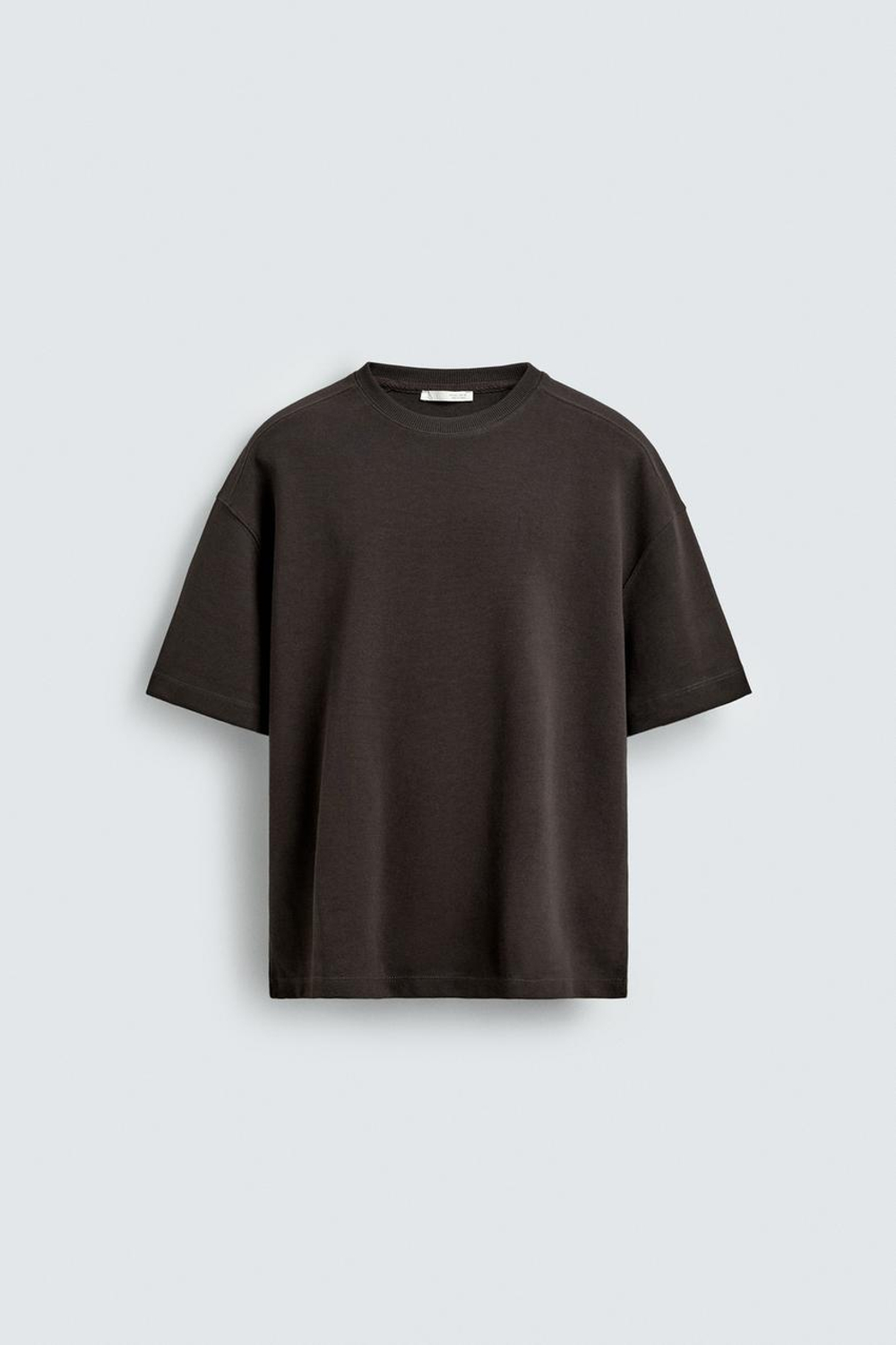 ZARA ФУТБОЛКА RELAXED FIT ИЗ ИНТЕРЛОКА, ТЕМНО-КОРИЧНЕВЫЙ