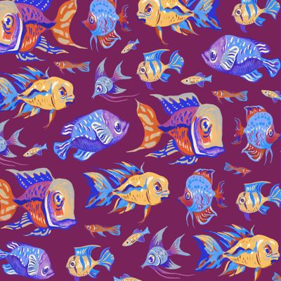 Тропические рыбки (в сине-бежевой гамме на пурпурном)