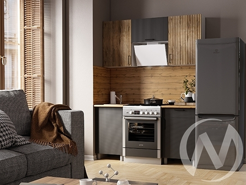 Кухня Грейс 1.6м с окапом (корпус белый/дуб канадский; карбон вулкан)