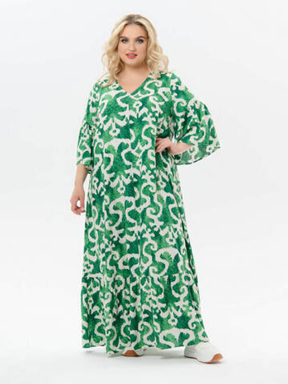 Платье с V-вырезом и воланом, зелёный штапель