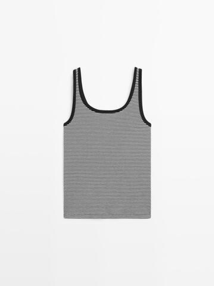 Massimo Dutti Топ из хлопка с деталью в полоску, черный