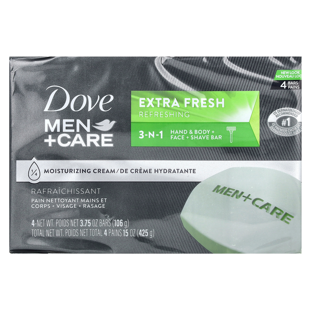 Dove, Men+Care, кусковое мыло 3-N-1, экстрасвежесть, 4 шт. по 106 г (3,75 унции)