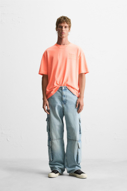 ZARA ФУТБОЛКА С ВЫШИТОЙ НАДПИСЬЮ, НЕОНОВО-ОРАНЖЕВЫЙ