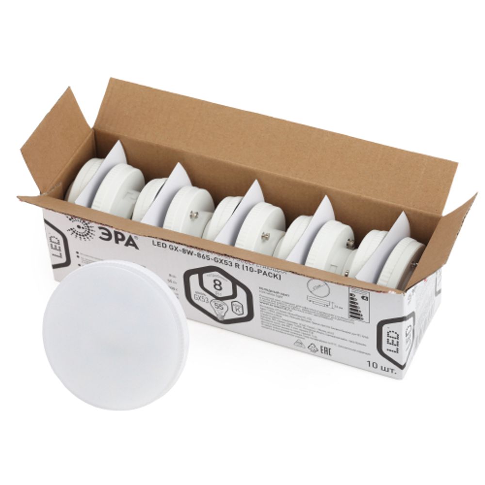 Лампа светодиодная ЭРА RED LINE LED GX-8W-865-GX53 R (10-PACK) GX53 8Вт таблетка холодный дневной свет | Лампы cветодиодные Плоские (GX)