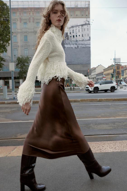 ZARA АТЛАСНАЯ ЮБКА МИДИ, КОРИЧНЕВЫЙ