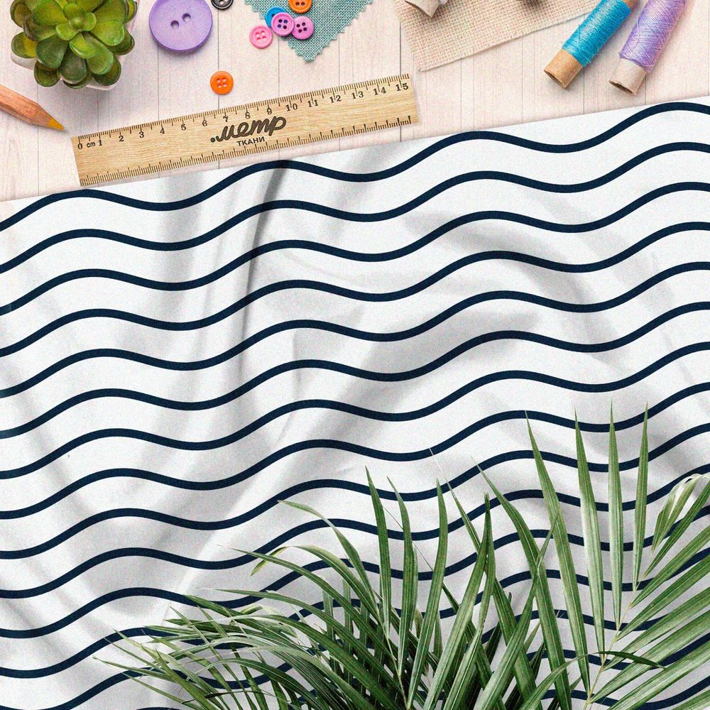 Ткань барби чёрные волны на белом фоне