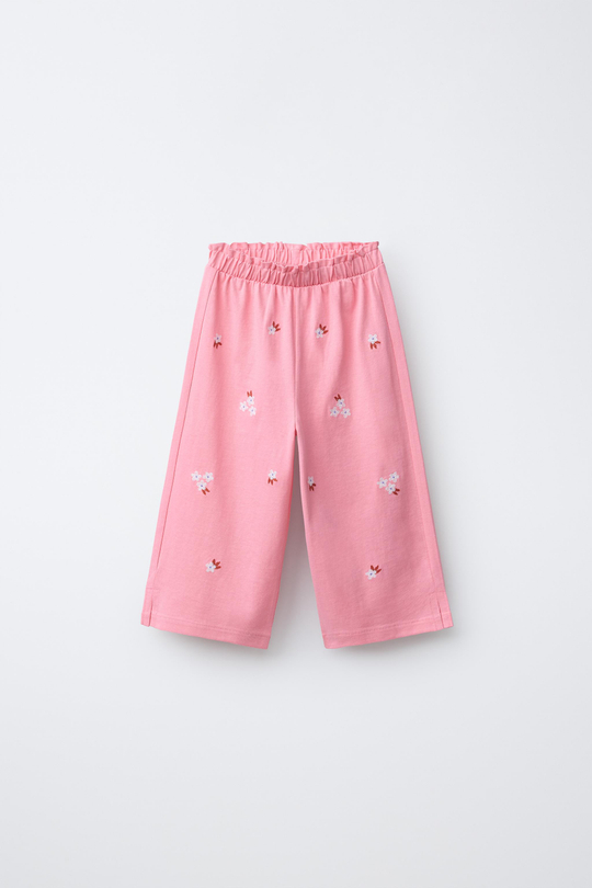 ZARA БРЮКИ-КЮЛОТЫ С ВЫШИВКОЙ ЦВЕТОВ, КОРАЛЛОВЫЙ