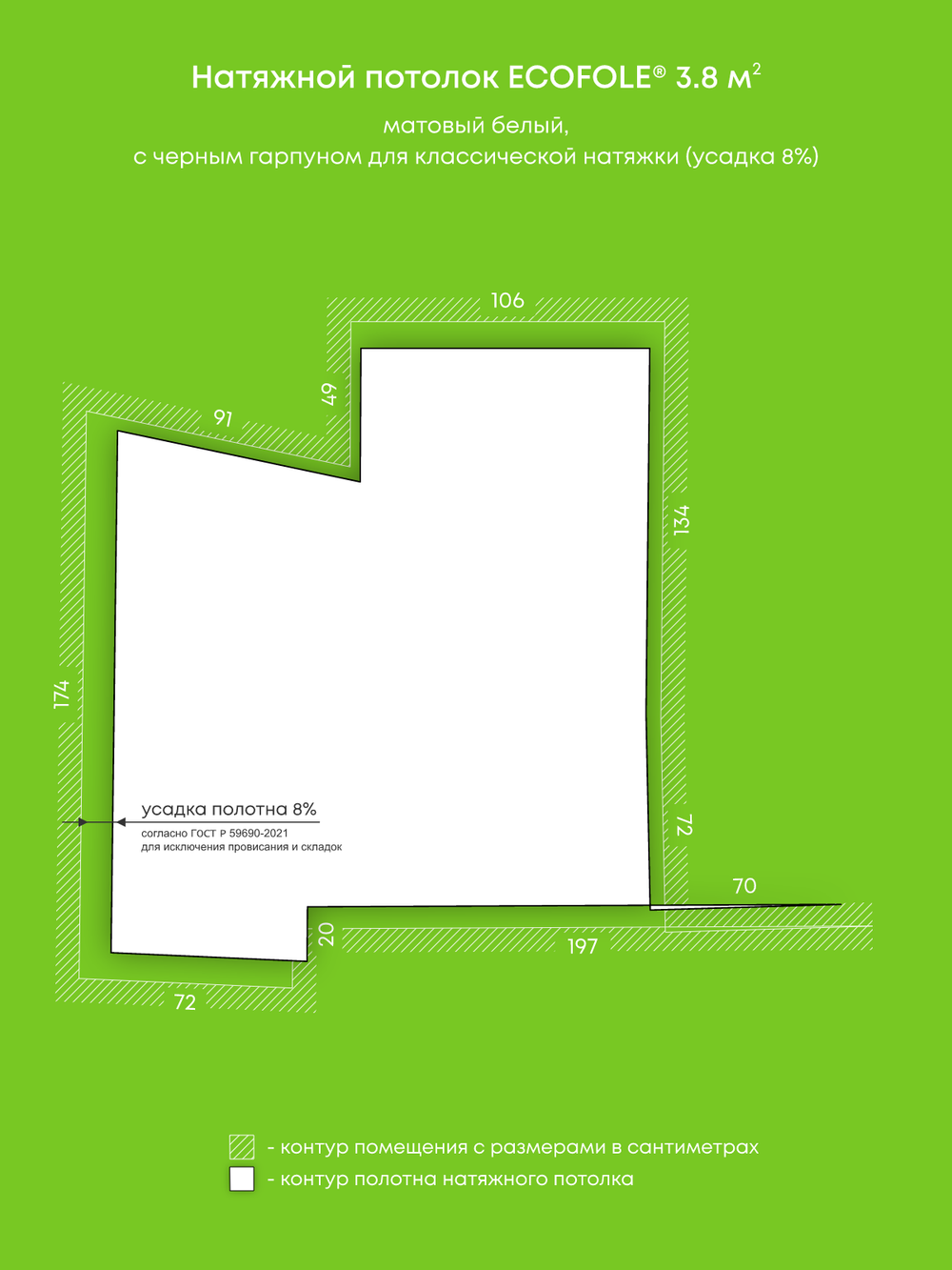 Матовый натяжной потолок 3.8 м2