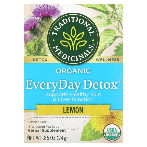 Traditional Medicinals, Organic EveryDay Detox®, со вкусом лимона, без кофеина, 16 упакованных чайных пакетиков, 24 г (0,85 унции)