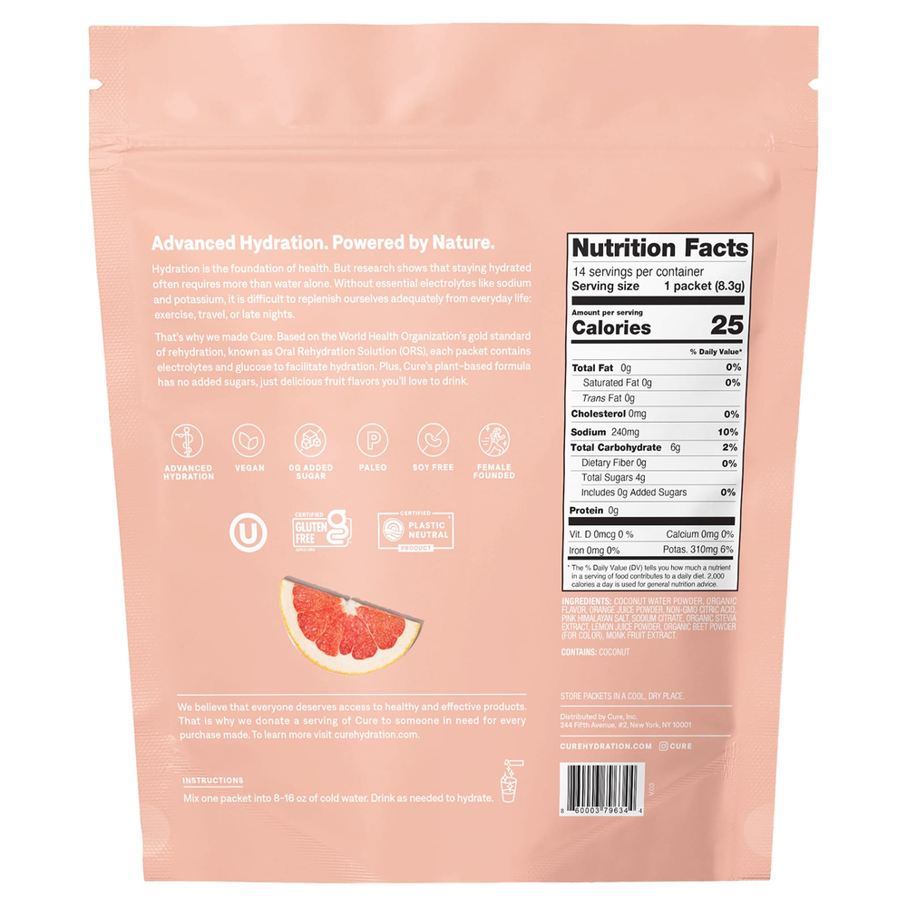 Cure Hydration, смесь электролитов для гидратации, грейпфрут, 14 пакетиков по 8,3 г (0,29 унции) каждый