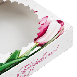 Коробка для печенья 12*12*3 см с окном "Тюльпаны"