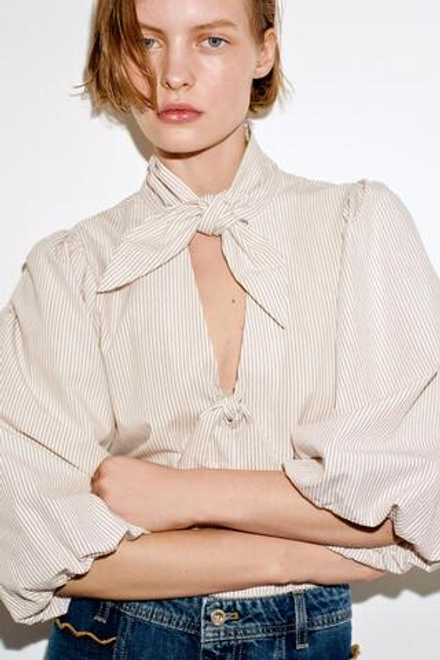 ZARA БЛУЗА В ПОЛОСКУ С ЗАВЯЗКАМИ, КОРИЧНЕВЫЙ/БЕЛЫЙ