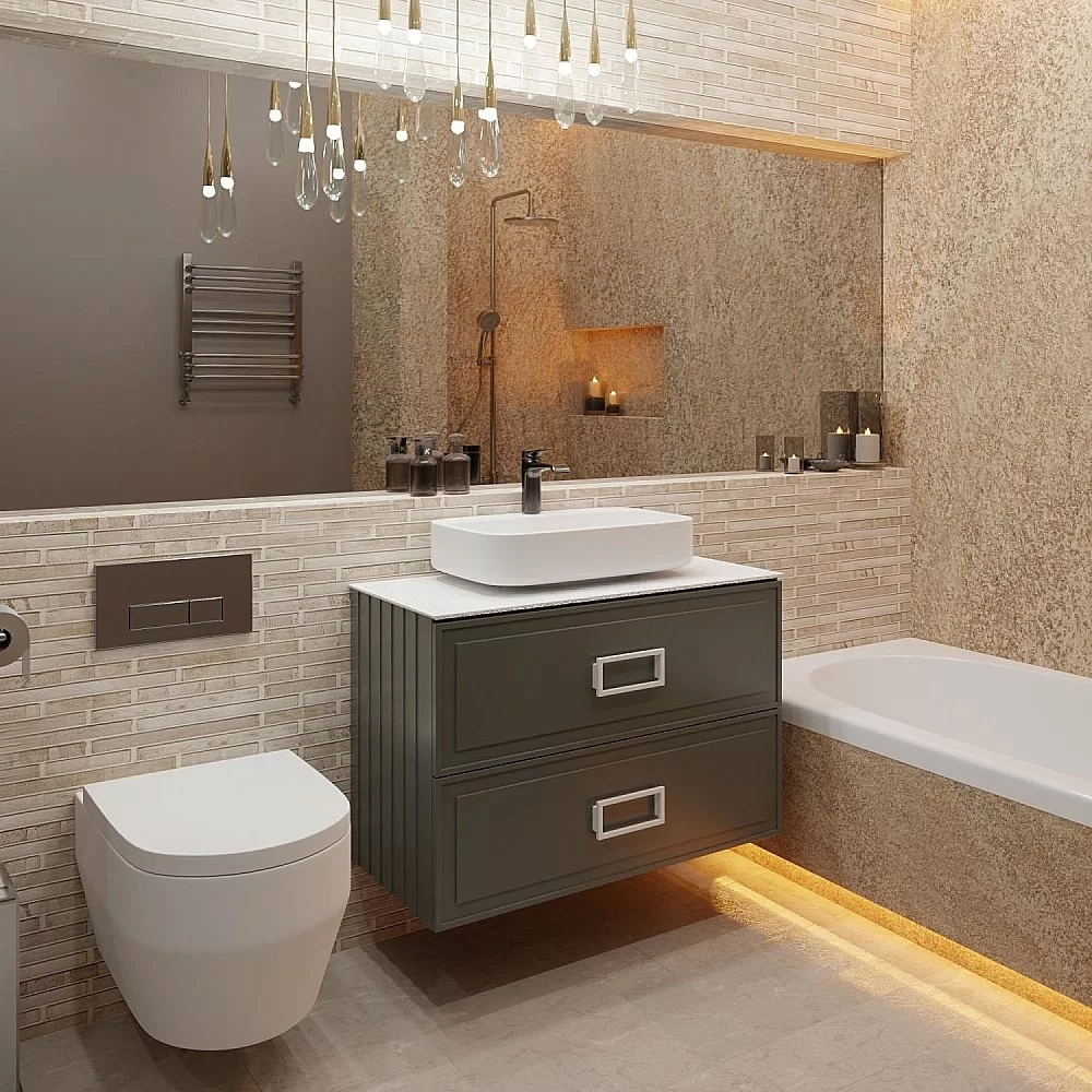 Тумба с раковиной LA FENICE Cubo Grigio TWIN 90 серая, столешница белая/ручки белые
