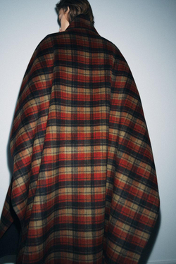 ZARA НАКИДКА В КЛЕТКУ ИЗ ШЕРСТИ, ZW COLLECTION, БОРДОВЫЙ/ЭКРЮ