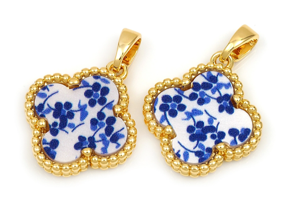 273075-з Подвеска "Клевер гжель" 18мм, позолота