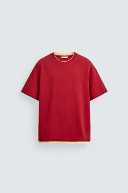 ZARA ФУТБОЛКА С ДВОЙНОЙ КОНТРАСТНОЙ ОТДЕЛКОЙ, КРАСНЫЙ