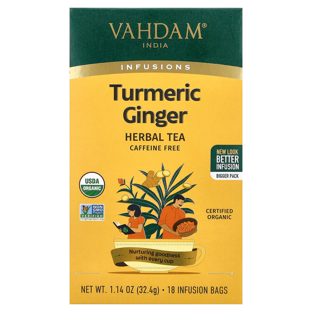 VAHDAM India, Infusions, травяной чай, куркума и имбирь, без кофеина, 18 пакетиков для заваривания, 32,4 г (1,14 унции)