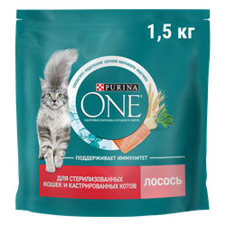 Сухой корм Purina ONE для стерилизованных кошек и кастрированных котов, с лососем, 1.5кг