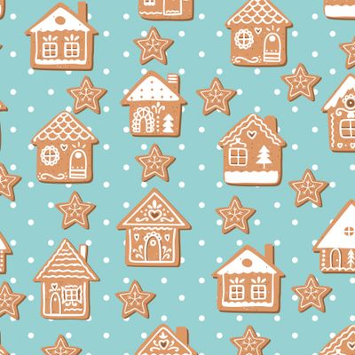Новогодний принт. Милые пряничные домики на голубом фоне в горошек