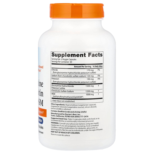 Doctor's Best, глюкозамин, хондроитин и МСМ с OptiMSM®, 240 растительных капсул
