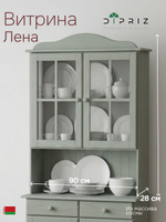 Шкаф витрина, 90х28х109, Лена, стеклянная для посуды, буфет двухдверный, с 2 полками (верхняя часть буфета Лена), массив сосны, зеленый эвкалипт, Dipriz