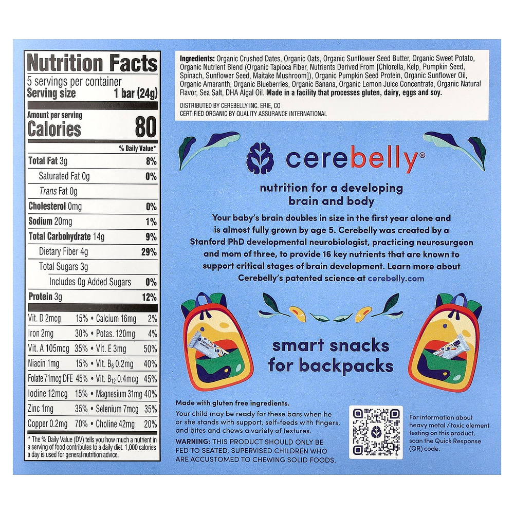 Cerebelly, Smart Bars, органические батончики для малышей, батат, черника и банан, 5 батончиков по 24 г (0,84 унции)
